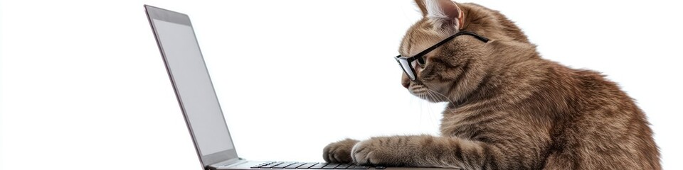 Bespectacled feline using a laptop, side view on a clear transparency.