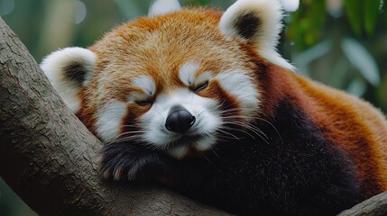 Relaxed red panda resting on a tree branch in a lush green environment, peaceful atmosphere