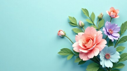 Obraz premium Delightful Pastel Paper Flowers Arranged on a Soft Blue Background, a Charming Floral Composition Perfect for Invitations or Greeting Cards