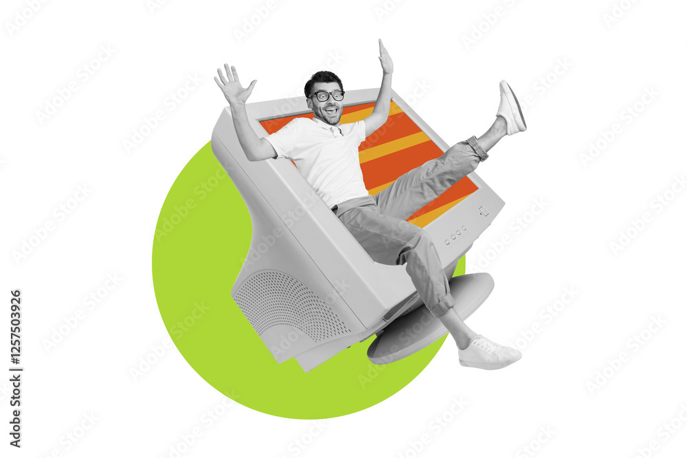 Aufkleber Creative collage template of funky young guy inside virtual network inside computer addicted user isolated on beige color background