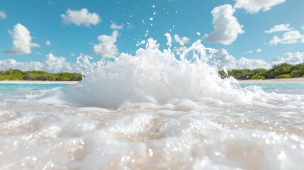 Tropical beach waves splashing on sand.  Ocean water splashes on white sand.  Great for travel or vacation promotion