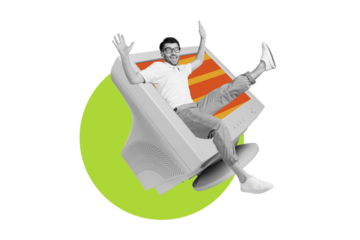 Creative collage template of funky young guy inside virtual network inside computer addicted user isolated on beige color background