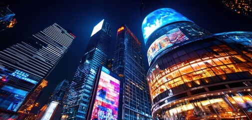 A vibrant cityscape featuring illuminated skyscrapers and digital billboards, showcasing the dynamic energy of urban nightlife.