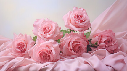 Soft Pink Roses on Silk. A delicate arrangement of five pink roses resting on soft, flowing pink silk fabric