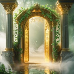 Mysterious Golden Archway In Lush Forest With Mist And Light Effects And Silhouettes Of Vines And Plants Encircling It With  Mysterious Passageway Entrance Scenery Near Waterfall or Cave and Ancient