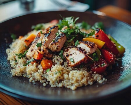 plate of cooked Quinoa with fresh vegetables and grilled chicken