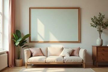 Relaxing Living Room Interior Design with Minimalist Decor and Large Blank Frame Above Comfortable Sofa