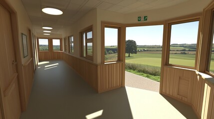 Fototapeta premium Tranquil Corridor with Panoramic Countryside View