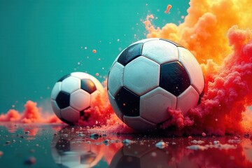 Naklejka premium Dynamic soccer balls exploding in vibrant colored smoke and reflecting on a glossy surface