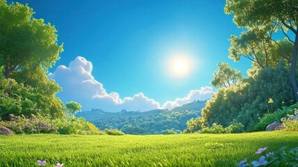 Sunny meadow landscape with lush green grass, blooming flowers, and trees under a vibrant blue sky.