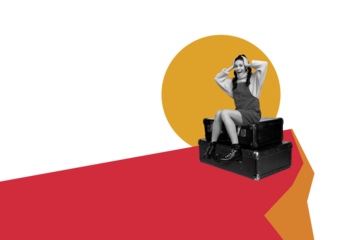 Sketch image composite trend artwork 3D photo collage of young sad woman suffer headache homeless sit huge baggage edge cliff mountain sun