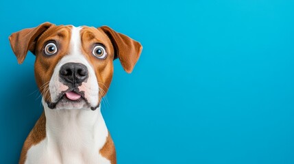 Brown and white dog with a tongue sticking out is staring at the camera