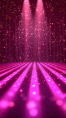 Bright pink stage lights illuminating sparkling glitter background in a vibrant performance setting with beams.