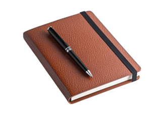 Elegant brown notebook with a pen, perfect for jotting down ideas and notes in a stylish manner, suited for professionals.