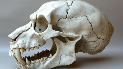 Detailed view of a cracked animal skull showcasing intricate textures and features
