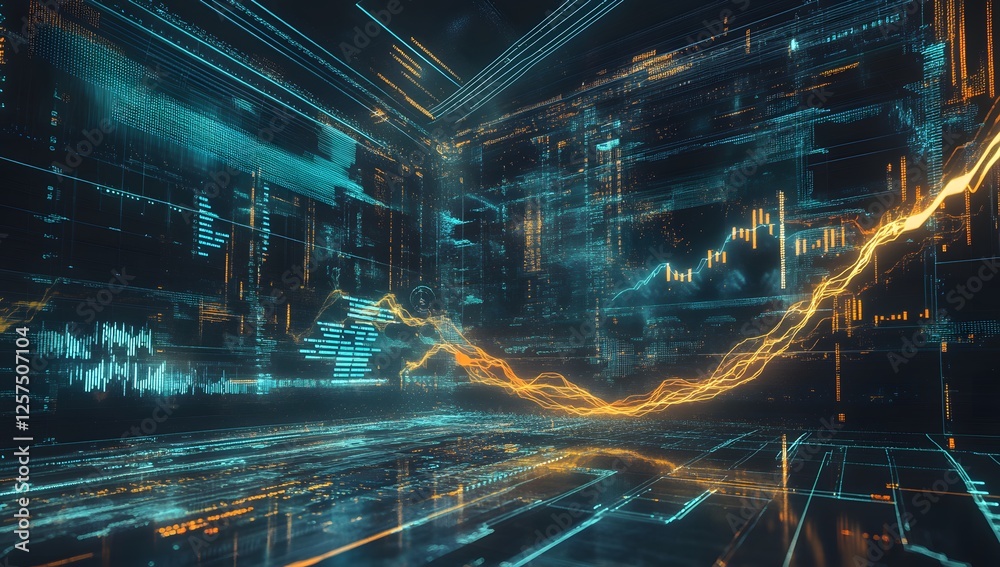 Poster Abstract digital data visualization of financial trends in a futuristic space
