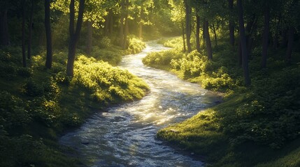 Fototapeta premium Sunlit stream meanders through lush forest