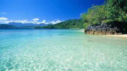 Tropical island paradise with a clear turquoise lagoon and palm trees, surrounded by the ocean and mountains, featuring a beautiful beach, sand, and sunny skies