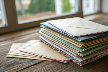 stack of unread mail letter on table. Communicaton backlog problem