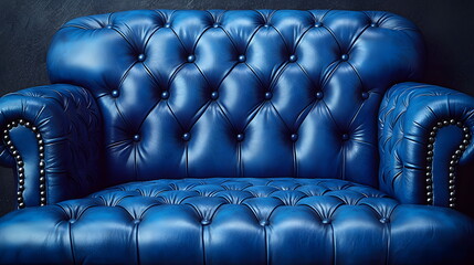 Obraz premium Luxurious blue leather chesterfield sofa with tufted design and silver nailhead trim against a dark backdrop.