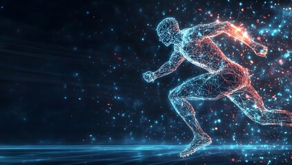 Abstract digital runner, futuristic motion graphic, glowing particles, technology background