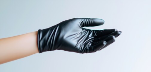 A black gloved hand is extended, showcasing readiness for an action or task, against a soft, light background.