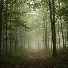Fototapeta premium Tranquil Woodland Scene with Sunlight Filtering Through Trees