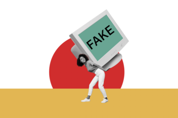 Trend artwork composite image 3D photo collage of fake news breaking information mass lie hand appear computer monitor lady carry on back