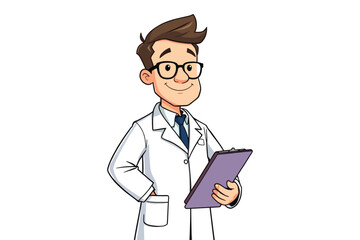 Illustration of a scientist in a lab coat, standing with a clipboard, on a white background 2
