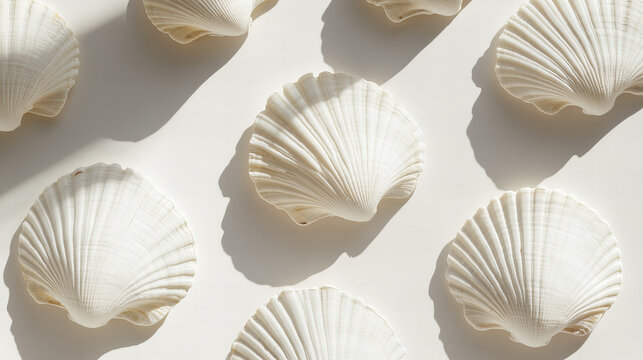 Elegant seashell pattern with natural spiral shells on a neutral background, featuring warm sunlight and soft shadows, perfect for beach-themed decor, summer travel, coastal design, and marine-inspire