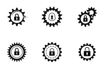 Lock Inside Gear  icon and logo design vector silhouette set for Security and Safe Automation