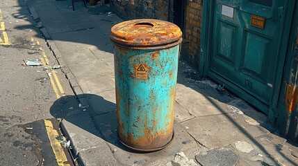 Rusty blue trash can on a city street, surrounded by debris and a green door in the background