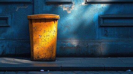 Bright orange trash bin against a textured blue wall with sunlight casting shadows on the street