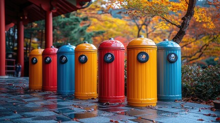 Colorful trash bins lined up in a serene autumn park, surrounded by vibrant foliage and tranquility