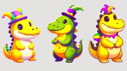 Obraz premium adorable cheerful cartoon aligators in festive attire, Mardi Gras tshirt design graphic elements