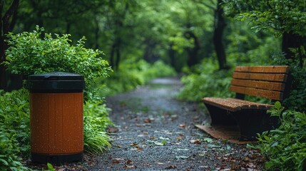 Serene park pathway with a bench and trash bin surrounded by lush greenery and rain