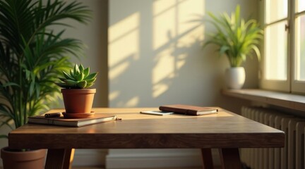 Fototapeta premium Sunlit Workspace Serenity A Small Succulent Plant in a Terracotta Pot Rests on a Wooden Table Beside Notebooks and a Cell Phone, Bathed in Warm Sunlight Streaming Through a Window.