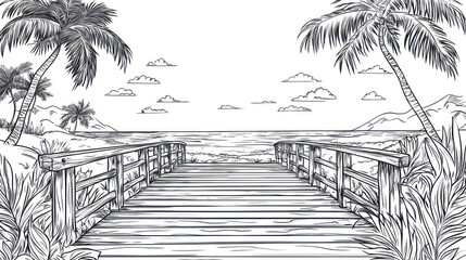 Wooden boardwalk leads to tropical beach, ocean view