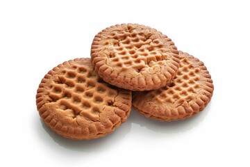 Round crackers arranged on solid white background. AI generated