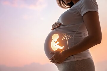 Expecting mother gently cradles her glowing baby bump against a serene sunset backdrop