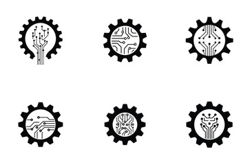 Circuit Board and Gear  icon and logo design vector silhouette set for Technology and Electronics