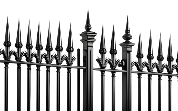 A classic black metal fence with decorative spikes, isolated on a empty plain background