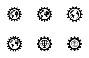 Globe Inside Gear  icon and logo design vector silhouette set for Global Industry and Business Solutions