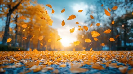 A serene autumn scene with golden leaves falling on a tranquil path at sunset, evoking peace