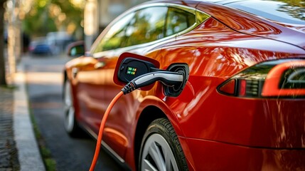 Obraz premium Red EV Charging on City Street