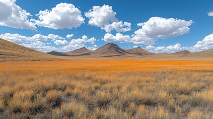 Expansive golden grassland under a vibrant blue sky with fluffy clouds and distant mountains