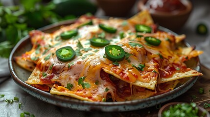 A plate of nachos topped with melted cheese and jalape HD 8K wallpaper Photographic Image