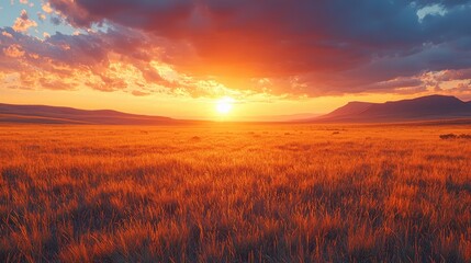 Vibrant sunset over a golden field with dramatic clouds and distant mountains in the background