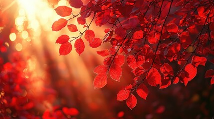 Vibrant red leaves illuminated by sunlight, creating a warm atmosphere in a serene forest