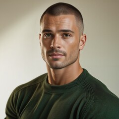 Fototapeta premium Portrait of a Confident Young Man in a Green Sweater with Natural Studio Lighting